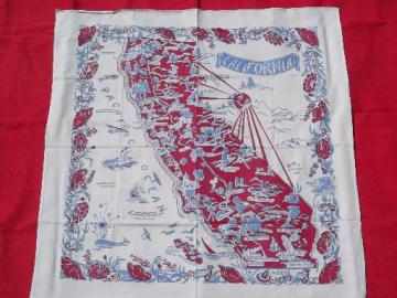 catalog photo of 1950s vintage cotton print kitchen tablecloth, California state map