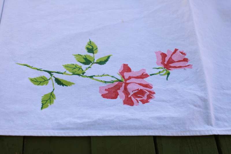 photo of 1950s vintage cotton tablecloth flowered print, long stemmed pink roses floral Wilendure tablecloth  #4