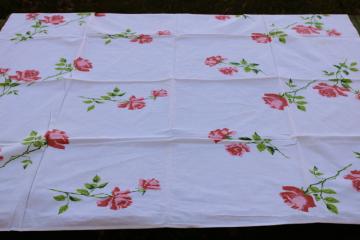 1950s vintage cotton tablecloth flowered print, long stemmed pink roses floral Wilendure tablecloth 