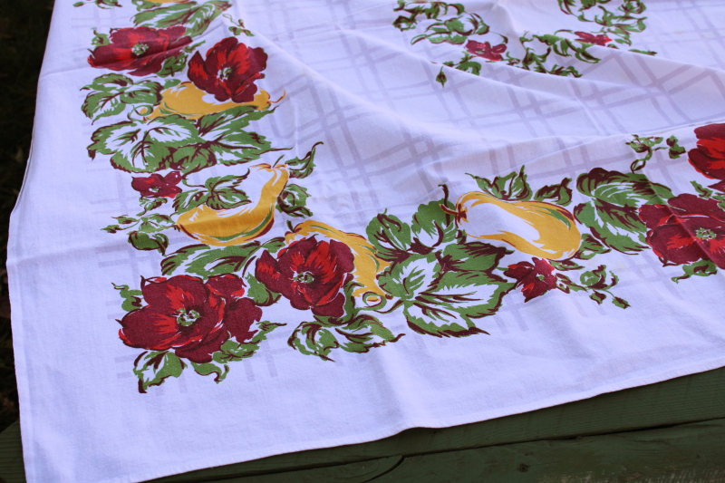 photo of 1950s vintage cotton tablecloth w/ leafy flowers & fruit print, red poppies & yellow pears  #2
