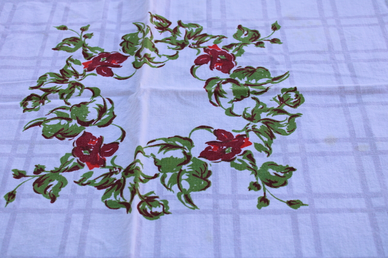 photo of 1950s vintage cotton tablecloth w/ leafy flowers & fruit print, red poppies & yellow pears  #4