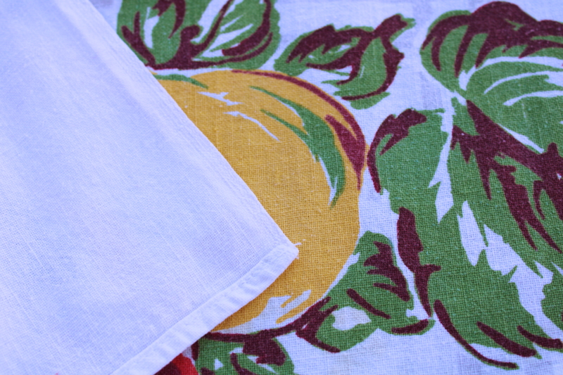 photo of 1950s vintage cotton tablecloth w/ leafy flowers & fruit print, red poppies & yellow pears  #5