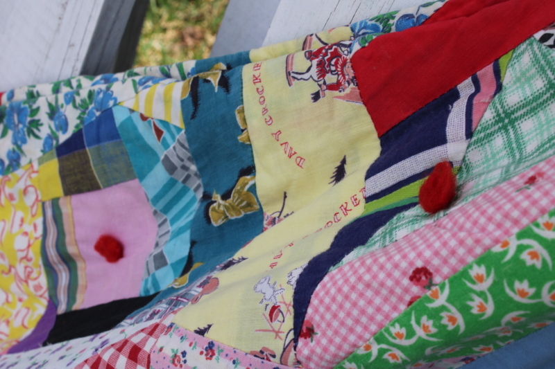 photo of 1950s vintage crazy quilt, patchwork cotton prints bright colors tied quilt #3