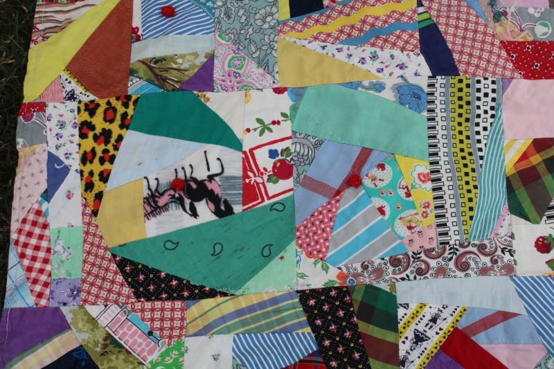 photo of 1950s vintage crazy quilt, patchwork cotton prints bright colors tied quilt #6