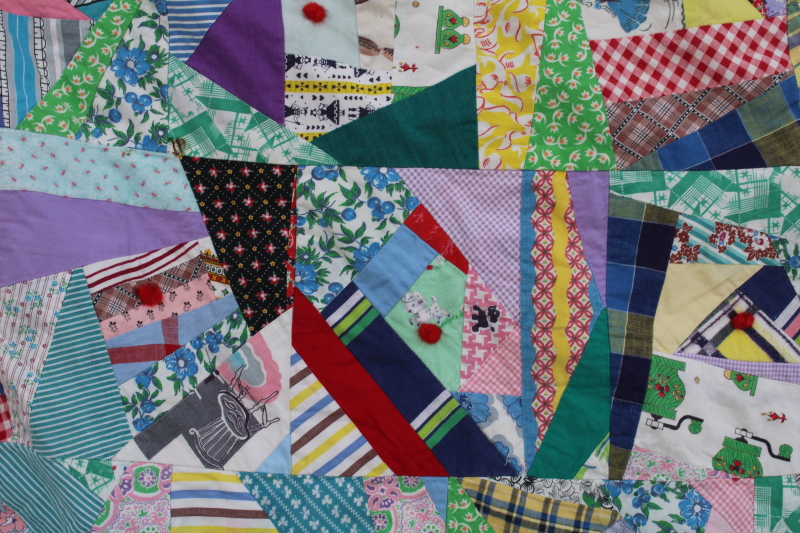 photo of 1950s vintage crazy quilt, patchwork cotton prints bright colors tied quilt #7