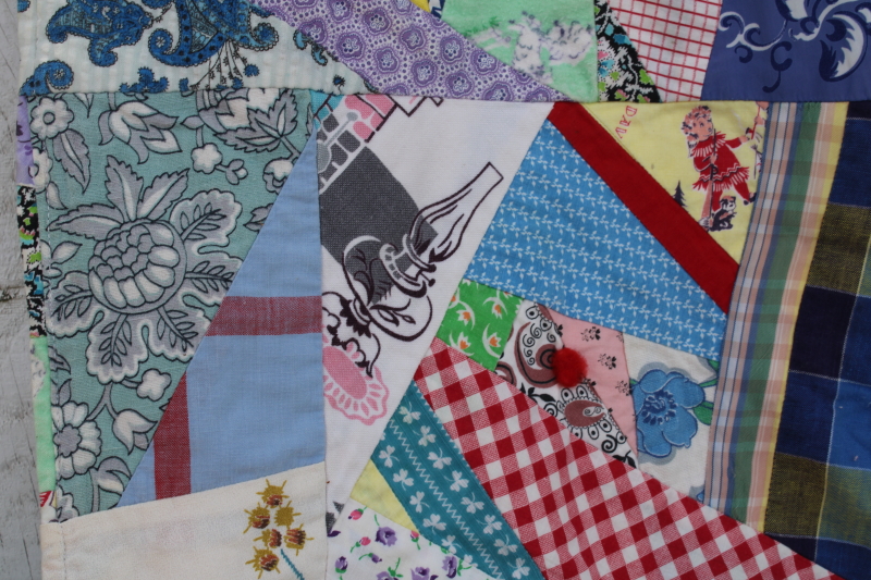 photo of 1950s vintage crazy quilt, patchwork cotton prints bright colors tied quilt #8