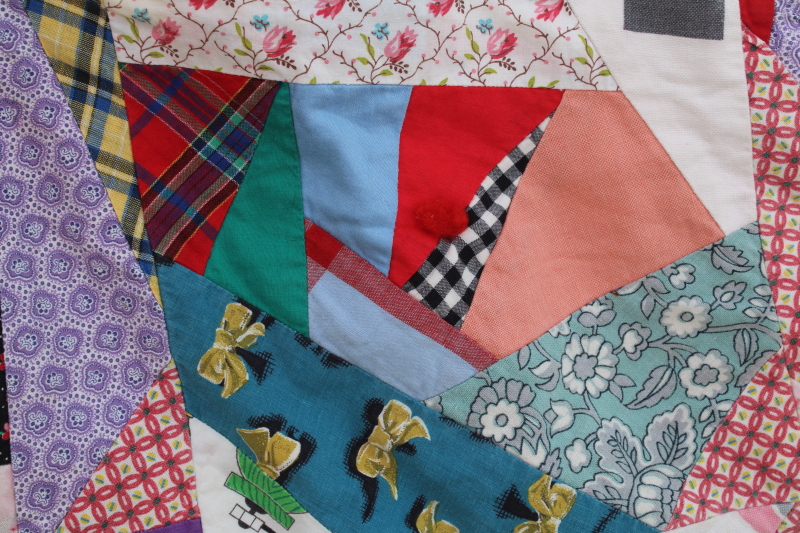 photo of 1950s vintage crazy quilt, patchwork cotton prints bright colors tied quilt #9