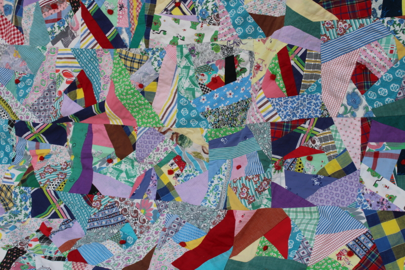 photo of 1950s vintage crazy quilt, patchwork cotton prints bright colors tied quilt #12