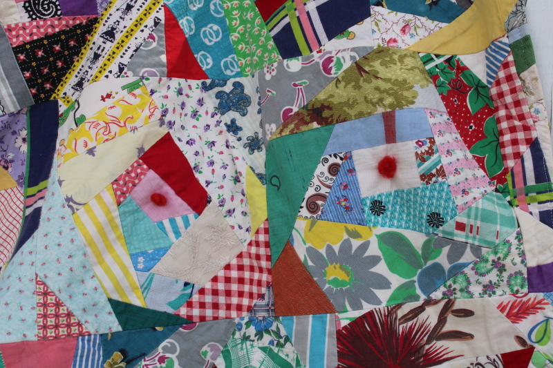 photo of 1950s vintage crazy quilt, patchwork cotton prints bright colors tied quilt #13