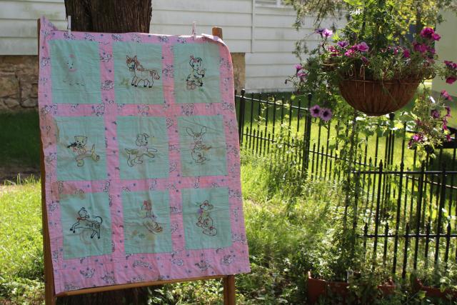 photo of 1950s vintage crib quilt, hand stitched embroidery baby animals pink & green blocks #1