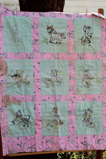 photo of 1950s vintage crib quilt, hand stitched embroidery baby animals pink & green blocks #2