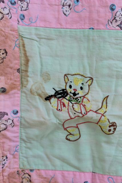 photo of 1950s vintage crib quilt, hand stitched embroidery baby animals pink & green blocks #4