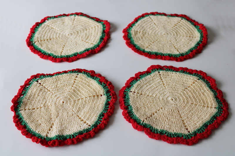 photo of 1950s vintage crocheted pot holders or place mats, cotton thread crochet flower border doily  #2