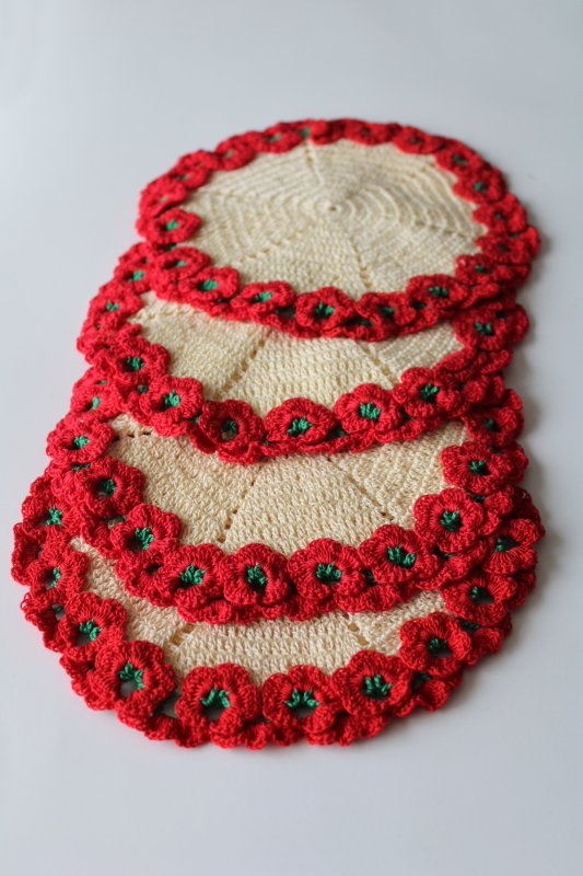 photo of 1950s vintage crocheted pot holders or place mats, cotton thread crochet flower border doily  #3