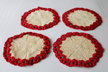 1950s vintage crocheted pot holders or place mats, cotton thread crochet flower border doily 