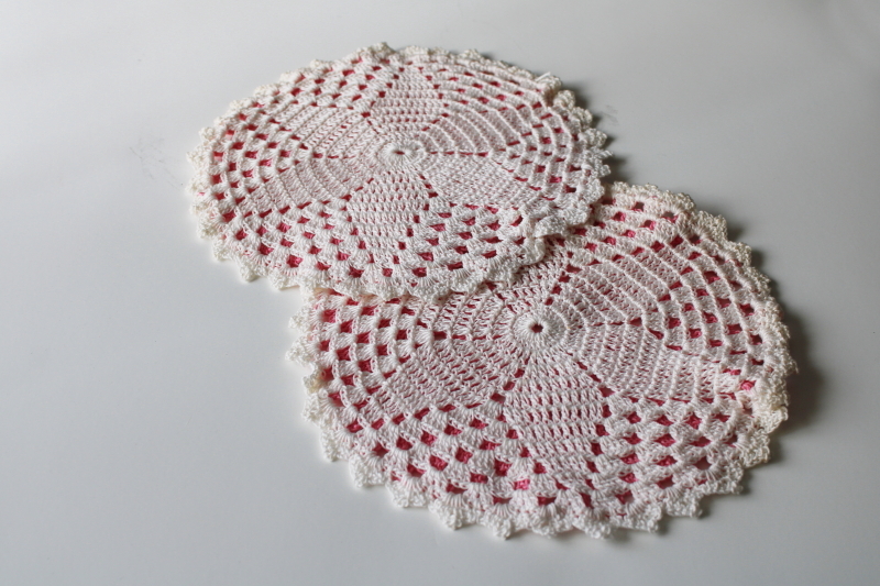 photo of 1950s vintage crocheted pot holders or place mats, pink cotton thread crochet  #3