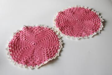 1950s vintage crocheted pot holders or place mats, pink cotton thread crochet 