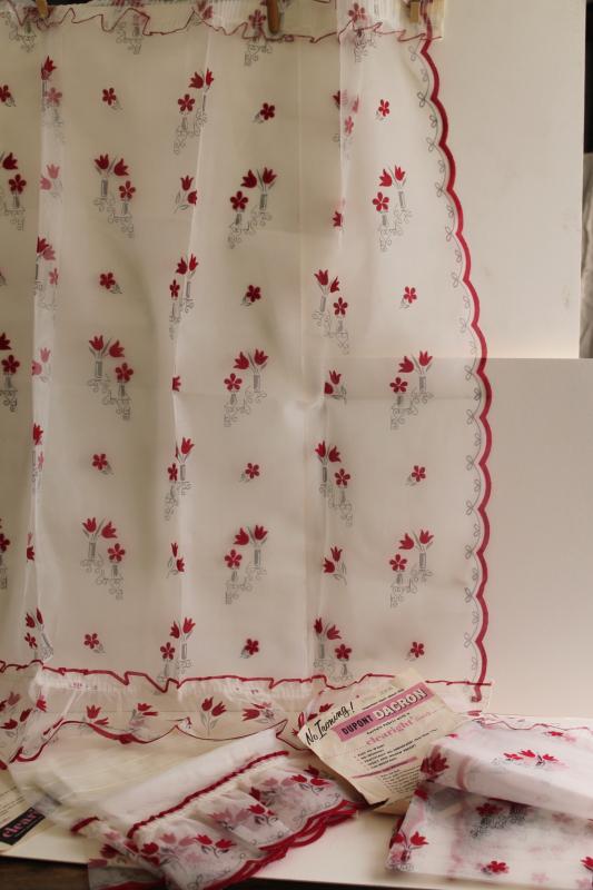photo of 1950s vintage curtain panels & valance, unused white sheer curtains w/ red flocking flowers #1