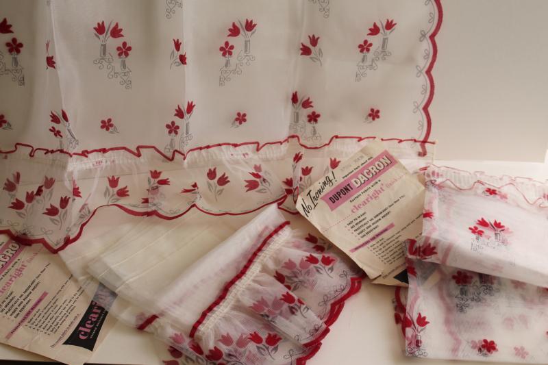 photo of 1950s vintage curtain panels & valance, unused white sheer curtains w/ red flocking flowers #3