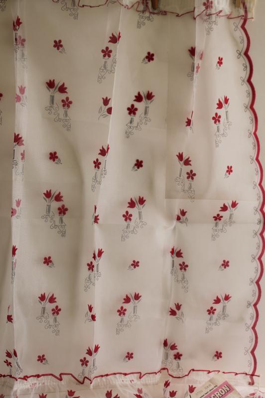 photo of 1950s vintage curtain panels & valance, unused white sheer curtains w/ red flocking flowers #5
