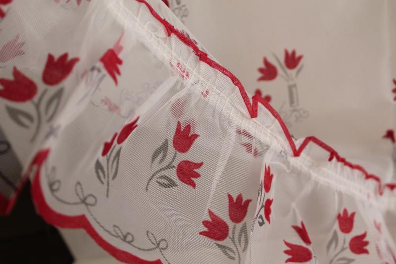 photo of 1950s vintage curtain panels & valance, unused white sheer curtains w/ red flocking flowers #7