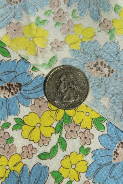 photo of 1950s vintage daisy flowered print cotton fabric in blue yellow tan on white #5