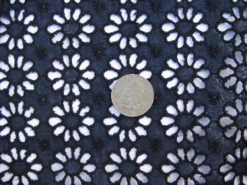 catalog photo of 1950s vintage daisy lace eyelet cotton fabric, broderie anglaise in navy blue