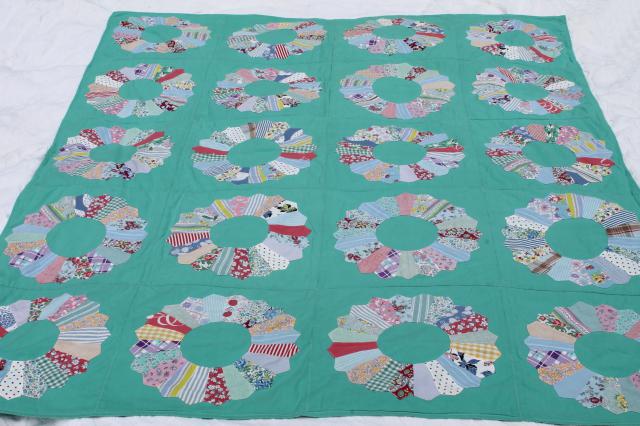 photo of 1950s vintage dresden plate quilt comforter w/ old cotton print fabrics on jade green #3