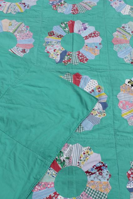 photo of 1950s vintage dresden plate quilt comforter w/ old cotton print fabrics on jade green #9