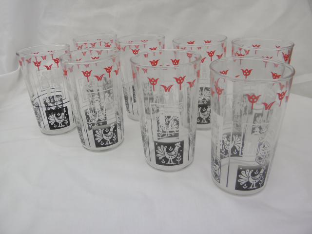 photo of 1950s vintage drinking glasses, country rooster red black white chanticleer #1