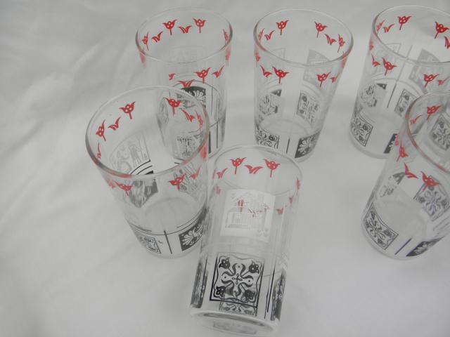 photo of 1950s vintage drinking glasses, country rooster red black white chanticleer #3