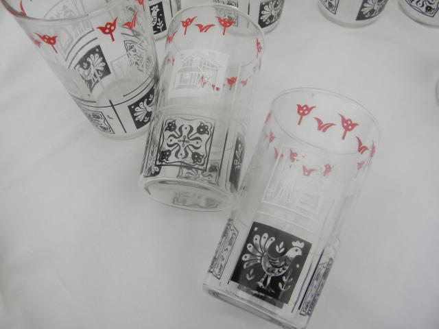 photo of 1950s vintage drinking glasses, country rooster red black white chanticleer #4