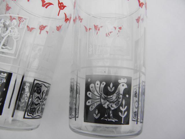 photo of 1950s vintage drinking glasses, country rooster red black white chanticleer #5