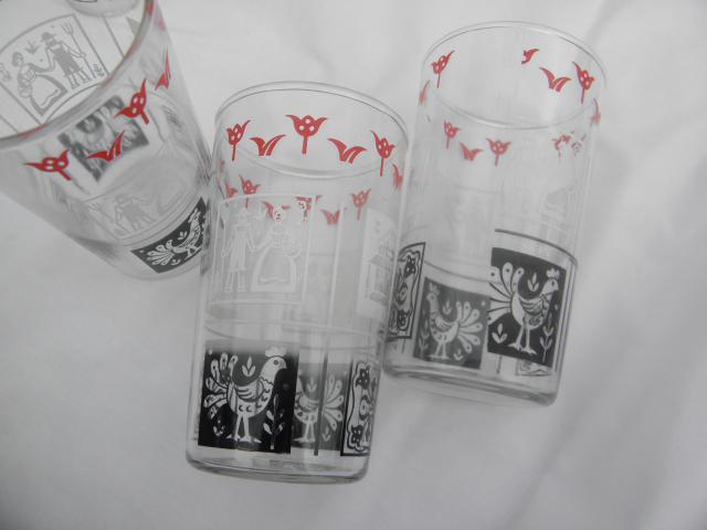 photo of 1950s vintage drinking glasses, country rooster red black white chanticleer #6