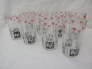 catalog photo of 1950s vintage drinking glasses, country rooster red black white chanticleer