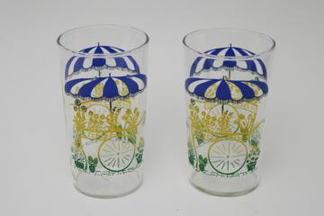 catalog photo of 1950s vintage drinking glasses, flower cart print glass tumblers colorful retro glassware