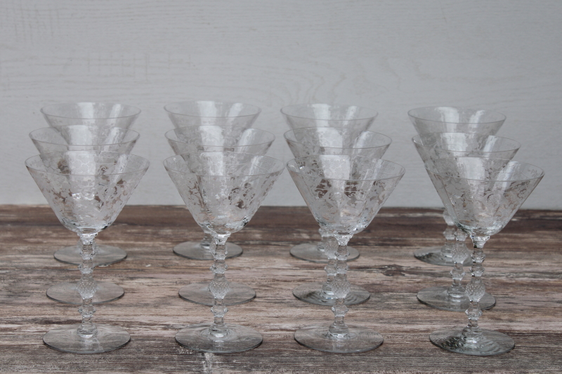 photo of 1950s vintage etched glass coupe champagne glasses, Cambridge Diane floral etch stemware #1
