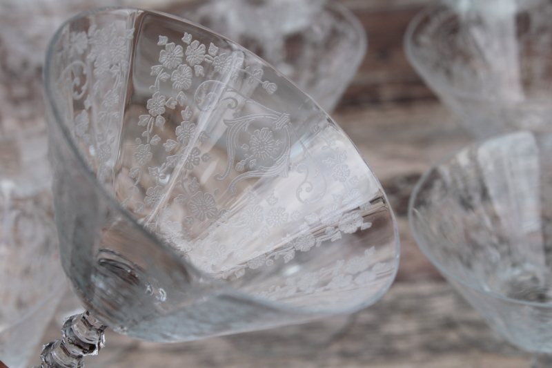 photo of 1950s vintage etched glass coupe champagne glasses, Cambridge Diane floral etch stemware #4