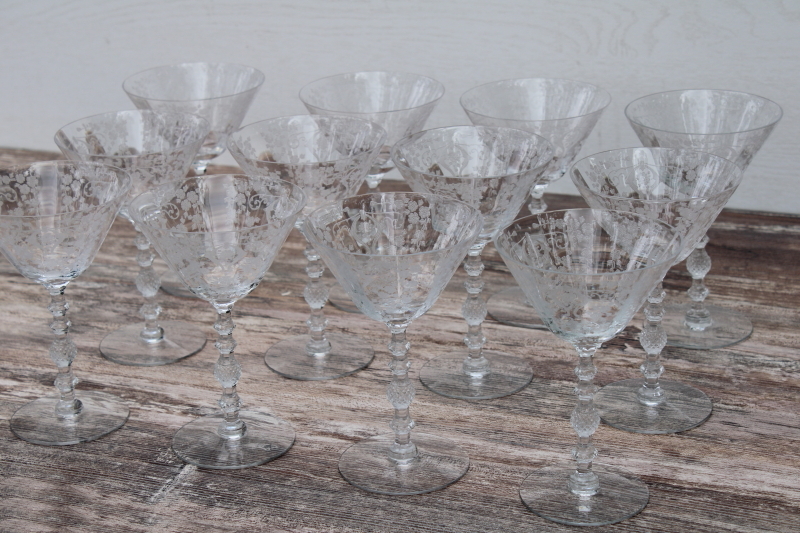 photo of 1950s vintage etched glass coupe champagne glasses, Cambridge Diane floral etch stemware #5