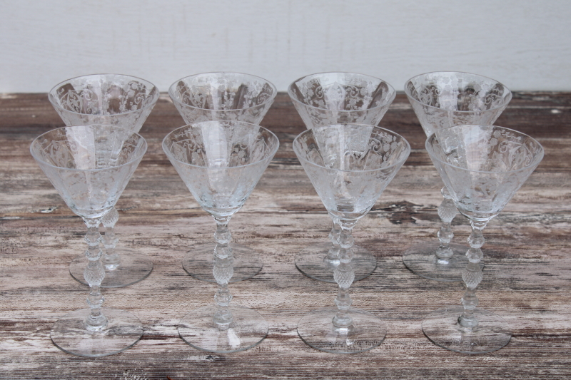 photo of 1950s vintage etched glass martini cocktail glasses, Cambridge Diane floral etch stemware #2