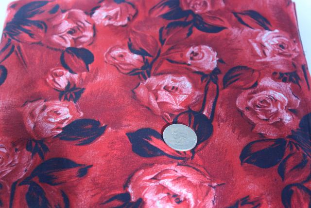 photo of 1950s vintage fabric Jezebel red roses w/ black, regulated cotton print dress material #1