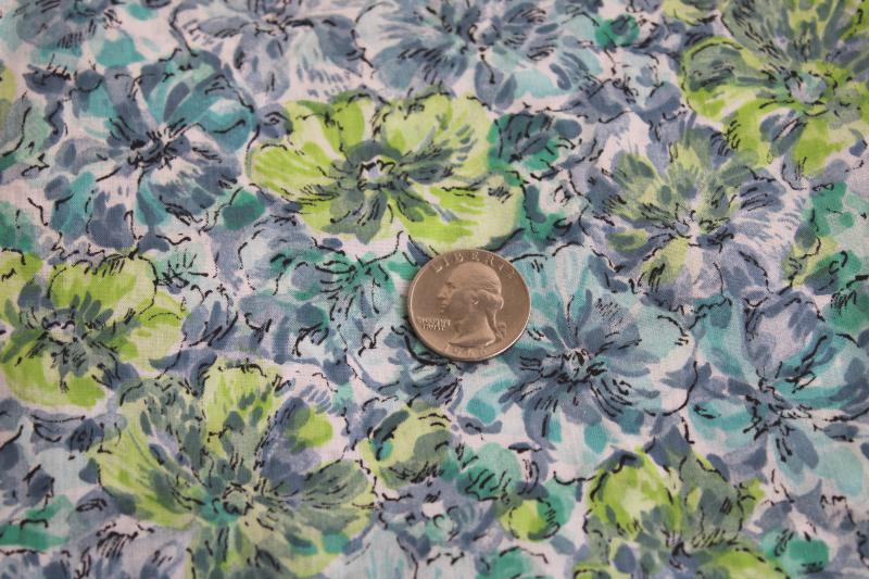 photo of 1950s vintage fabric, fine light cotton lawn w/ floral lime, smoke grey, teal blue #1