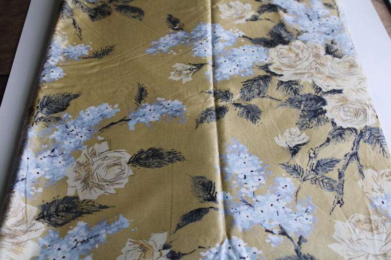 photo of 1950s vintage fabric, heavy cotton sateen floral print muted gold w/ silver grey  #1