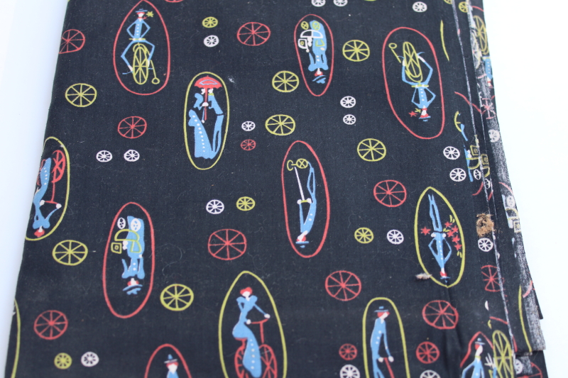 photo of 1950s vintage fabric, print cotton Gay 90s style Victorian girls w/ bicycles etc #1