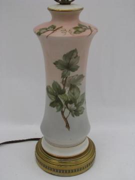 catalog photo of 1950s vintage floral china lamp, pink and blue shading, American pottery