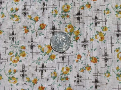 photo of 1950s vintage flowered cotton print fabric, yellow roses #1