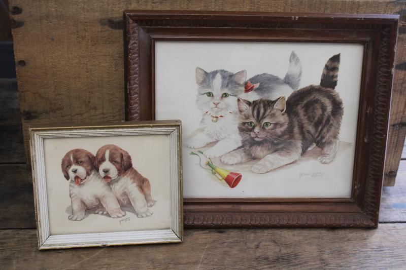 photo of 1950s vintage framed prints, Grace Lopez litho art puppies & kittens  #1