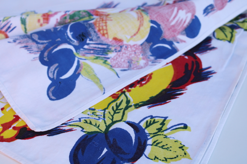 photo of 1950s vintage fruit print tablecloth, small kitchen table size bright retro colors on white  #2
