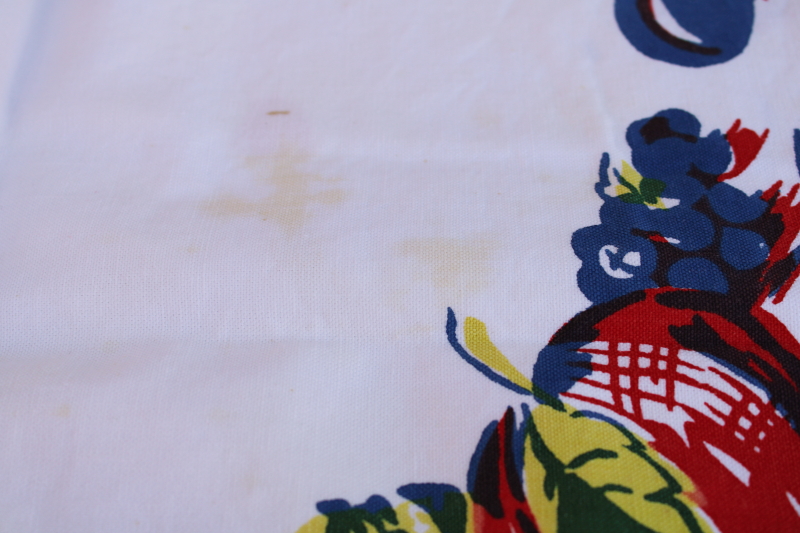 photo of 1950s vintage fruit print tablecloth, small kitchen table size bright retro colors on white  #3