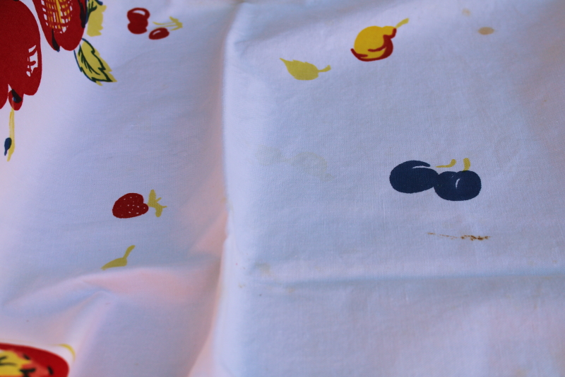 photo of 1950s vintage fruit print tablecloth, small kitchen table size bright retro colors on white  #4